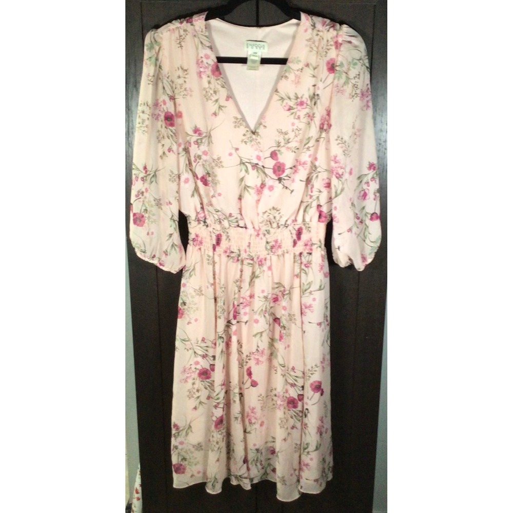 Enfocus Women Pink Floral Chiffon V-Neck Smocked Waist Midi Dress 14W